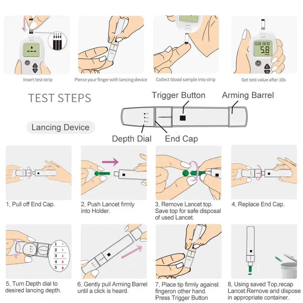 Accu جهاز قياس السكر بالدم 50/100 قطعة شرائط الاختبار Lancets غلوكمتر عدة لمرضى السكري مراقبة نسبة السكر في الدم اختبار مرض السكري الطبي 
